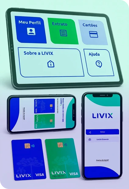Tablet, celulares e cartões LIVIX mostrando o aplicativo.