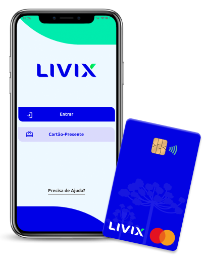 Imagem de um cartão LIVIX com um celular ao fundo.